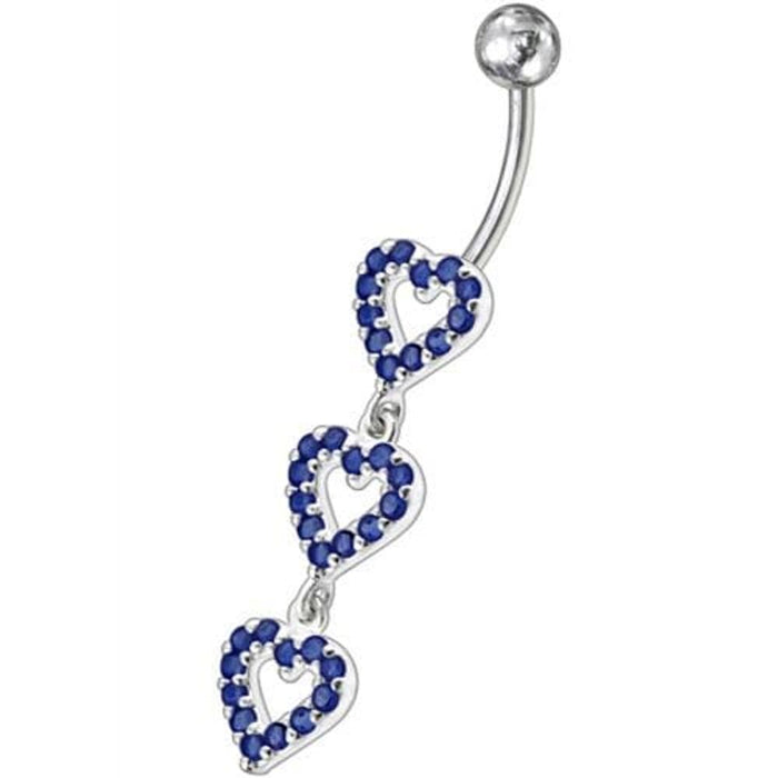 Triple Heart Dangling Fancy Multi Jeweled Curved Bar Belly Ring