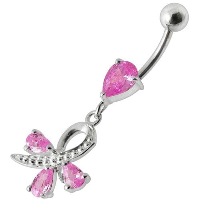 Silver  Pear Jeweled Dangling SS Belly Ring Body Jewelry