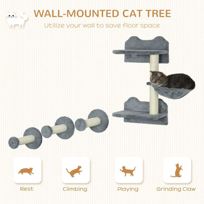 Premium Cat Shelf w/ Scratching Post - Wall-Mounted, Space-Saving, Grey - Ideal for Indoor Cats