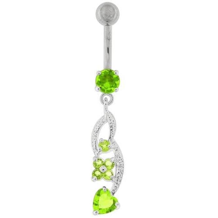 Flower with Heart Dangling Navel Belly Button Ring