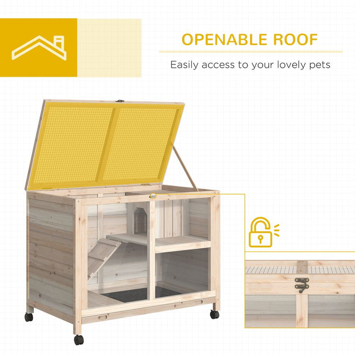 PawHut Rabbit Hutch Indoor Wooden Guinea Pig House Hamster Cage with Wheels, 2 Layers Bunny Cage with Openable Roof, 91.5 x 53.3 x 73 cm, Natural EA