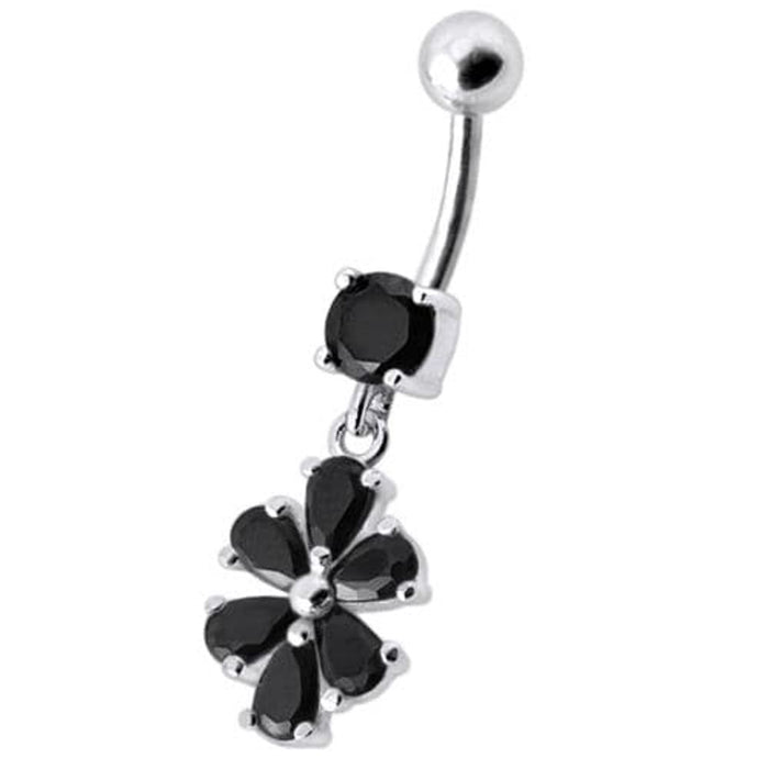 Fancy  Flower Jeweled Silver Dangling With SS Bar Navel Ring