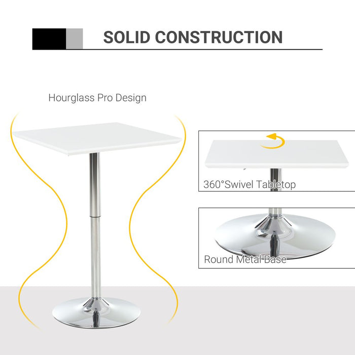 HOMCOM Square Height Adjustable Bar Table Counter Pub Desk with Metal Base for Home Bar, Dining Room, Kitchen, White