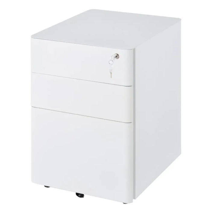 3 Drawer Metal Filing Cabinet Lockable 4 Wheels Compact Under Desk White