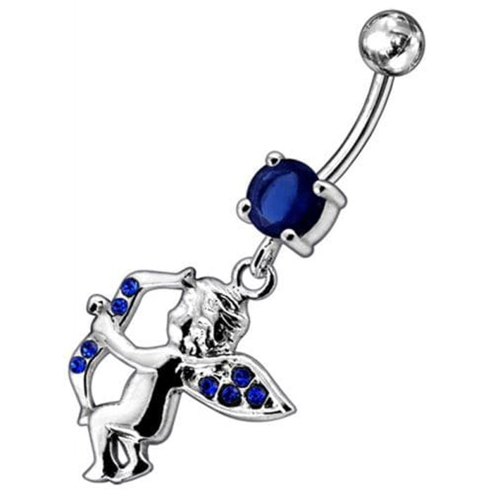 Jeweled Fancy  Angel Silver Dangling SS Bar Curved Belly Ring