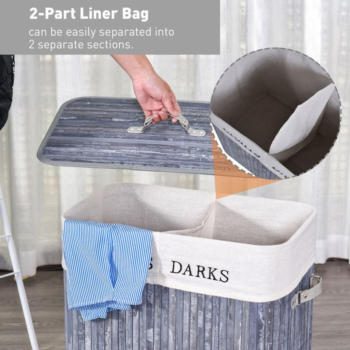 Bamboo Laundry Hamper Removable Lining Large Section Double