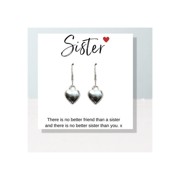 Silver Heart Earrings & Sister Message Card