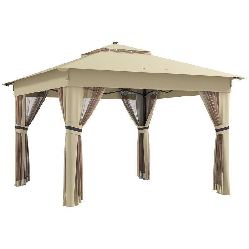 Outsunny 3x3m Pop Up Gazebo w/ Solar LED Lights Curtain Netting Khaki