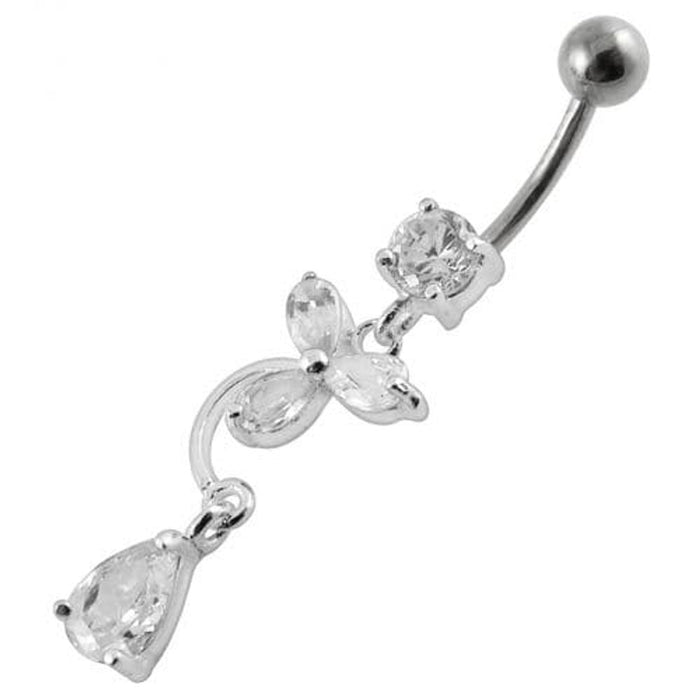 Fancy Flower Jeweled Dangling Banana Bar Belly Ring