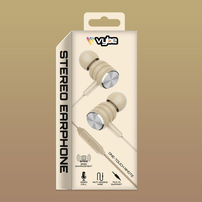 Premium Cream Vybe Bass One-Touch Remote AUX Stereo Earphones