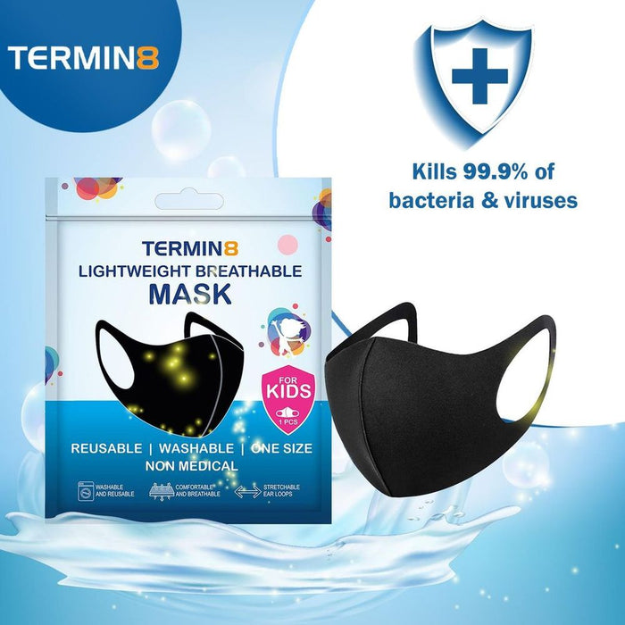 Termin8 Lightweight Breathable Reusable Face Mask for Kids - Black