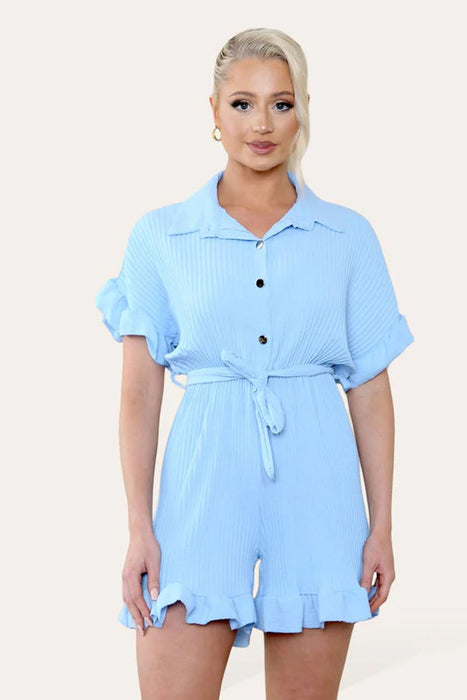 Pleated Ruffle Shirt Short Playsuit With Frill Hems