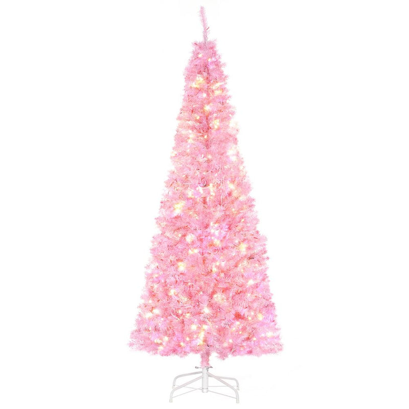 6FT Pre-lit Pink Artificial Christmas Tree - 300 LED Lights - Flame Retardant PVC - Easy Assembly - Metal Base Included