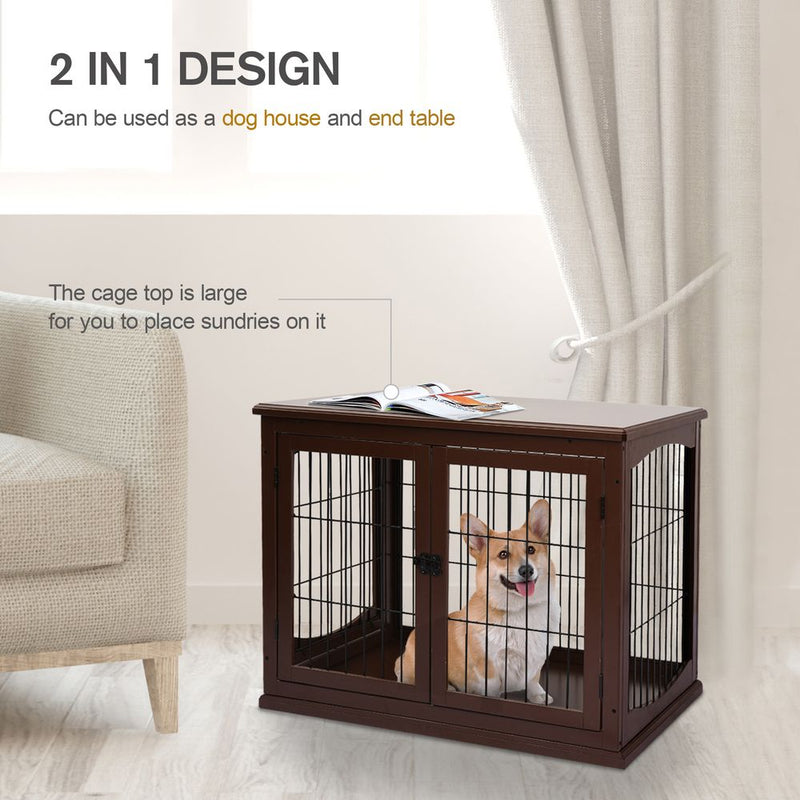 PawHut Dog Crate, Furniture Style Puppy Cage End Table, Pet Kennel House with 3 Doors for Small Dog, Brown 81 x 58.5 x 66 cm
