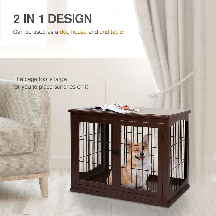 Wooden Dog Crate End Table Pet Puppy Cage w/Metal Wire for Small Dog Brown