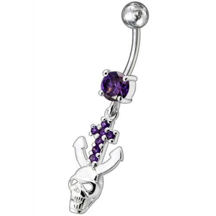 Jeweled Dangling Navel Ring With Fancy Devil Skull