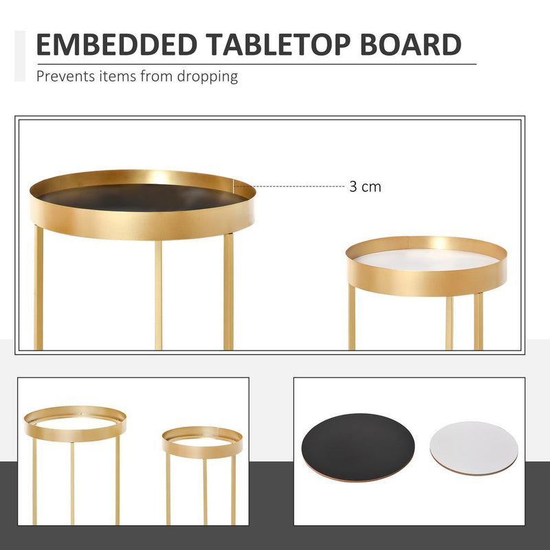 HOMCOM Coffee Tables Set of 2, Round Nest of Tables with Tray Top and Steel Frame for Living Room, Bedroom, Gold Tone