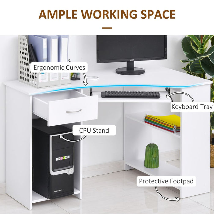 L-Shaped Corner Computer Desk w/ 2 Shelves Worktop Keyboard Tray White