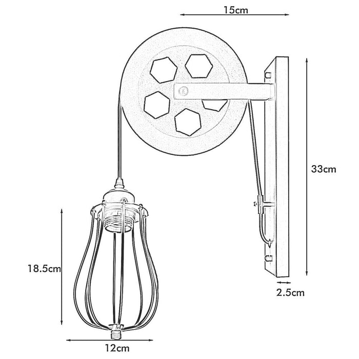 Retro Industrial Pulley Wheel Wall Light Fixture Metal Cage Indoor Light