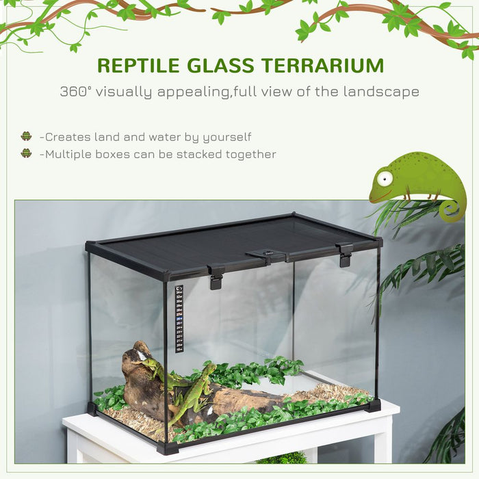 PawHut Glass Reptile Terrarium Insect Breeding Tank Vivarium Habitats with Thermometer for Lizards, Horned Frogs, Snakes, Spiders - Large 50 x 30 x 35cm