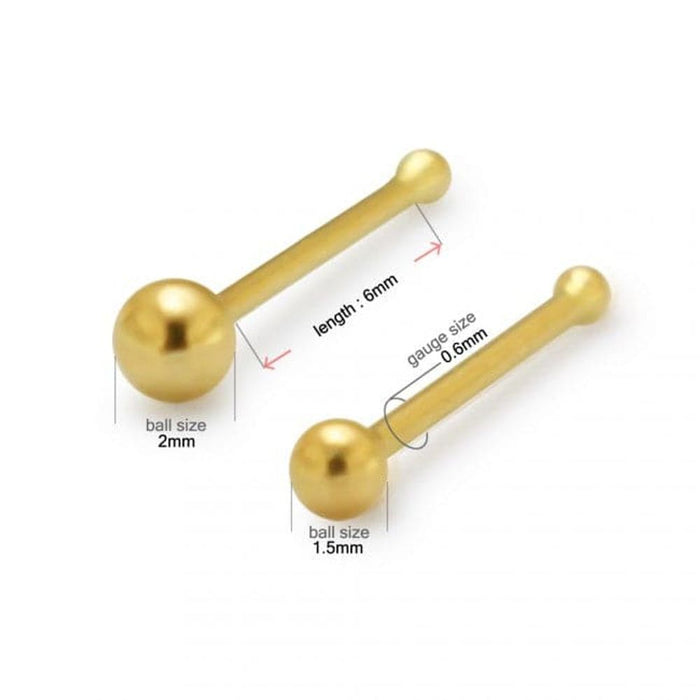 14ct Gold Nose Bone Stud, Solid & Plain 22G 6mm Bar, 1.5mm & 2mm Ball Sizes