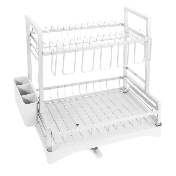 Vinsani Dish Drying Drainer Rack 2 Tier Space Saving Dish Rack Modern Kitchen Drying Rack with Cutlery Holder Auto Drainage System Dish Draining Rack for Kitchen Countertop (White)