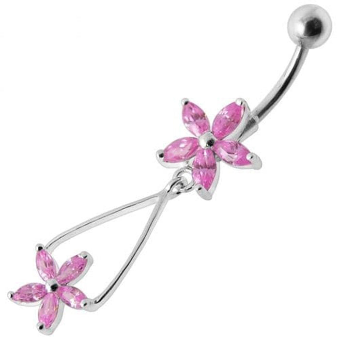 Fancy Jeweled Two Flower Silver Dangling SS Bar Navel Ring