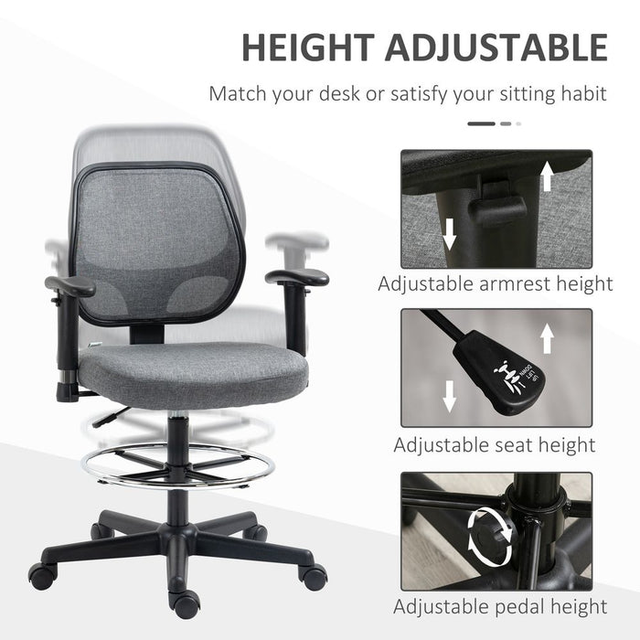 Vinsetto Swivel Office Draughtsman Chair,Ergonomic Painting Chair, Fabric Standing Desk Chair with Adjustable Armrest and Seat Height, Grey