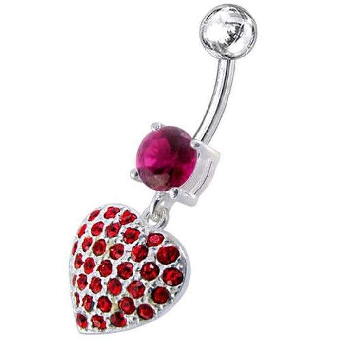 Fancy  Jeweled Heart Dangling SS Bar Belly Ring