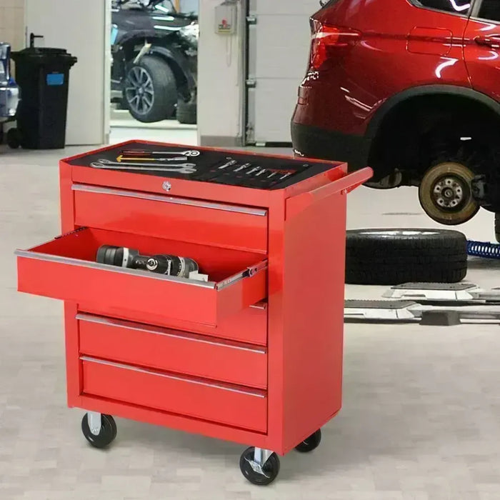 Premium Red 5-Drawer Roller Tool Cabinet - High-Quality Storage Box, Ideal for Garage and Workshop, with Wheels and Casters