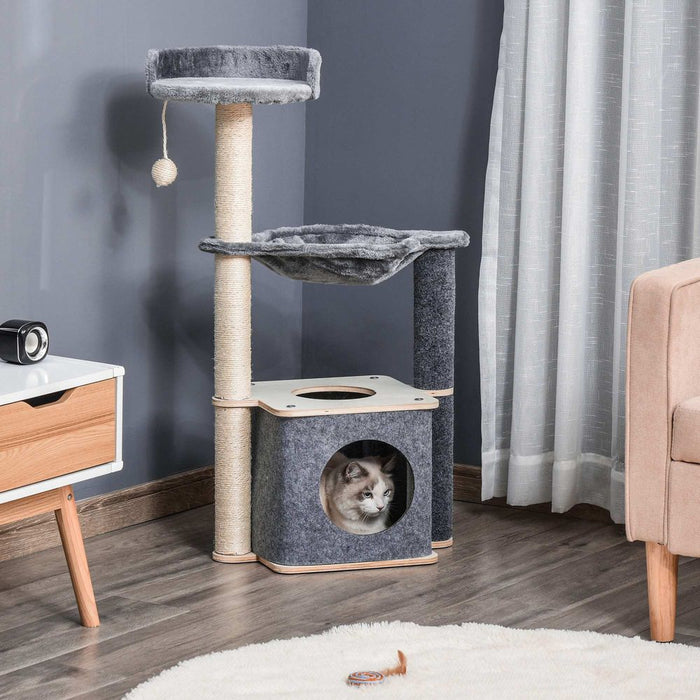 PawHut Cat Tree for Indoor Cats 95cm Climbing Tower Kitten Activity Center with Sisal Scratching Post Perch Roomy Condo Hammock Removable Felt Hanging Toy, Grey