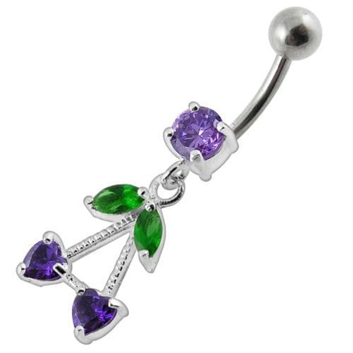 Fancy Jeweled Double Heart Stone Dangling SS Bar Belly Ring Body Jewelry