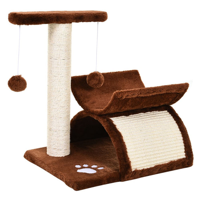 PawHut Cat Tree, Cat Tower for Kittens, Small Cat Condo with Rotatable Top Bar, Sisal Scratching Post, Tunnel, Dangling Balls - Brown