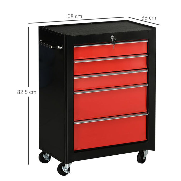 HOMCOM 5-Drawer Lockable Steel Tool Storage Cabinet Wheels Handle 2 Keys Red