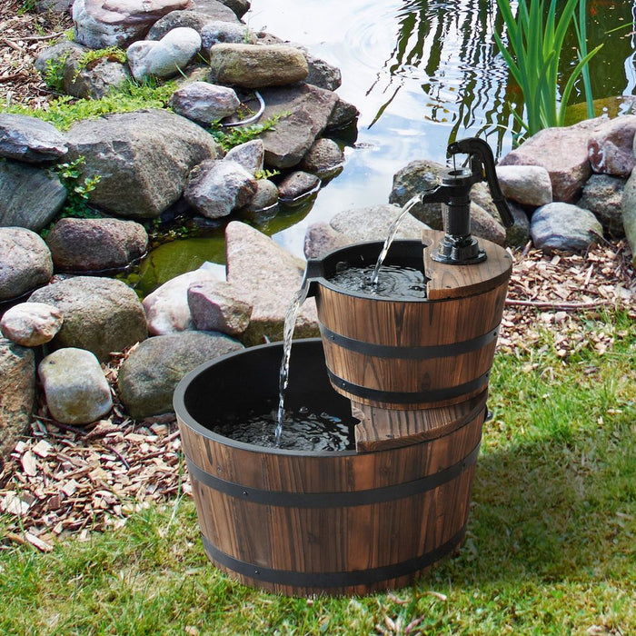 Wooden Water Pump Fountain, 2-Tier, Fir Wood/Steel - Soothing Waterfall Sound - Easy Assembly