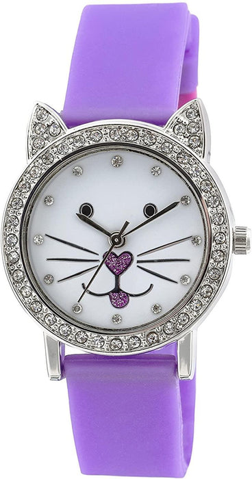 Premium Tikkers Children's Purple Silicone Strap Watch - Quartz Movement, Easy Buckle, Stone Set Cat Case