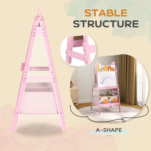 AIYAPLAY 2 in 1 Kids Easel with Whiteboard, Chalkboard, Storage Boxes, Pink