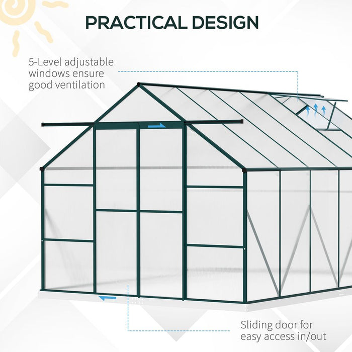 Outsunny 8 x 12ft Aluminium Greenhouse Polycarbonate Walk-in Garden Greenhouse Kit with Adjustable Roof Vent, Double Sliding Door, Rain Gutter and Foundation, Clear