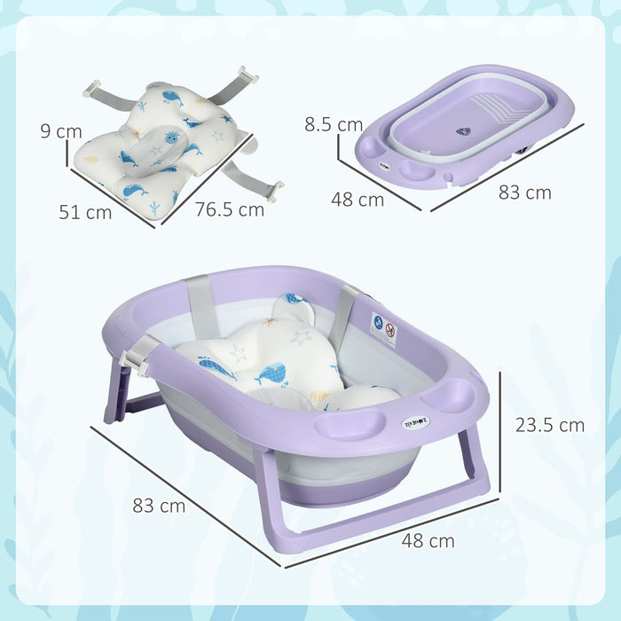 Foldable Baby Bathtub w/ Non-Slip Support Legs, Cushion, Shower Holder - Purple