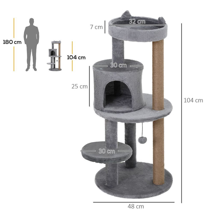 Deluxe Cat Activity Tree - 104cm Height - Grey: Scratching Posts, Ear Perch, House