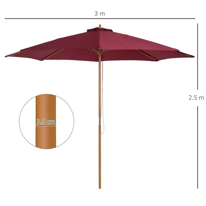 Outsunny 3m Fir Wooden Garden Parasol - Wine Red