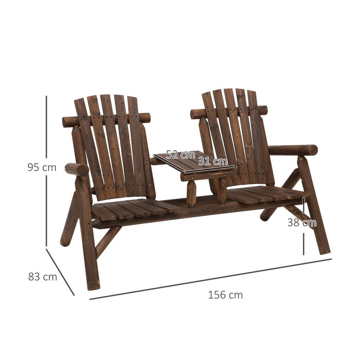 Outdoor Wood Patio Chair Bench | 2 Seats | Center Coffee Table | Garden Bench