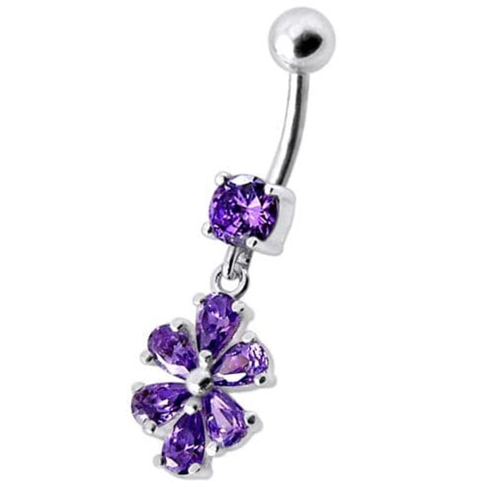 Fancy  Flower Jeweled Silver Dangling With SS Bar Navel Ring