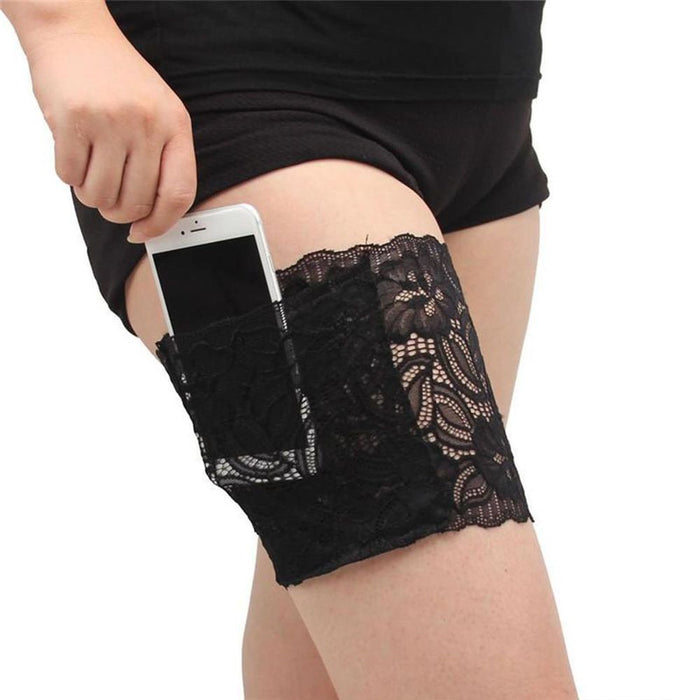 Women's Lace Thigh Band w/ Anti-Slip Pocket [L - Black]