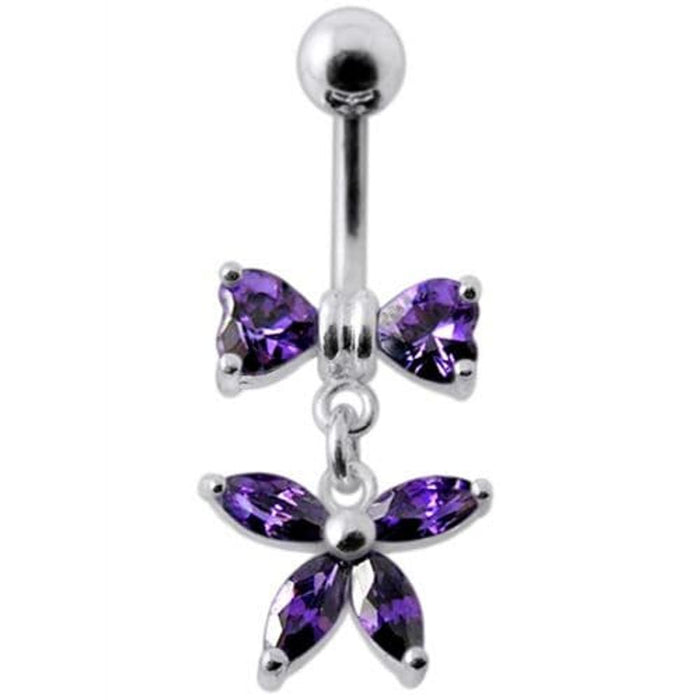 Fancy Jeweled Butterfly with Bow Dangling Surgical Grade Steel Belly Ring