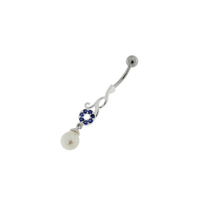 Jeweled Fancy Pearl Dangling Steel Banana Bar Navel Belly Ring