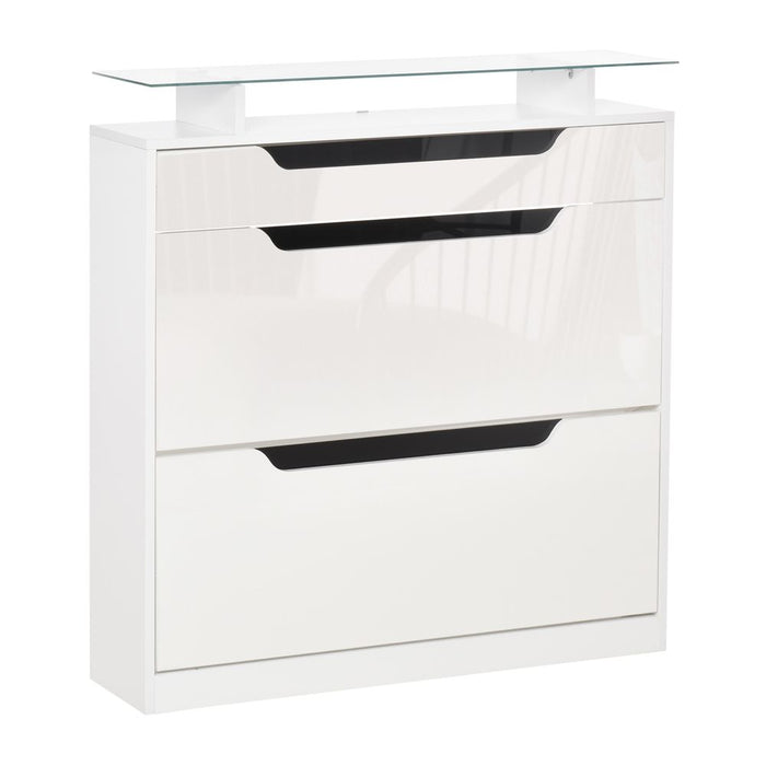 Shoe Cabinet  3 Drawers High Gloss Storage Cupboard  Glass Top White