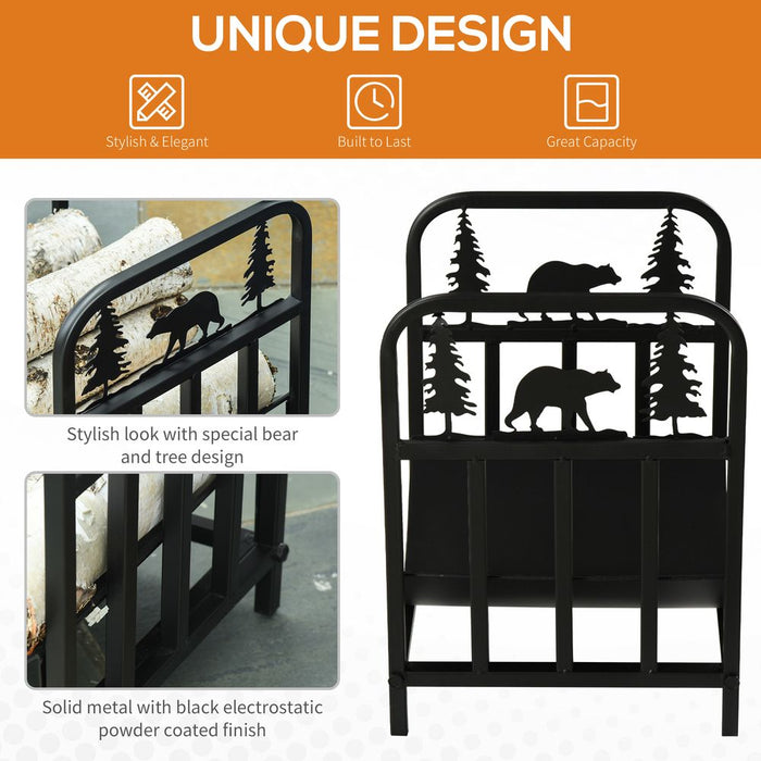 Outsunny Firewood Rack | Bear Tree Design | Metal | Rust Resistant | Handles | Indoor/Outdoor | 50kg Load | 42x33.5x43cm