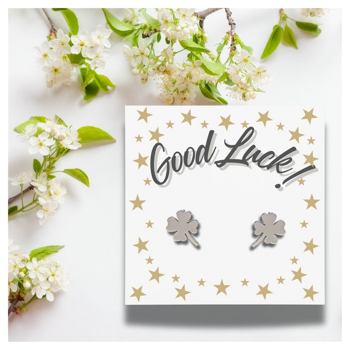 Good Luck Card & Four Leaf Clover Stud Earrings