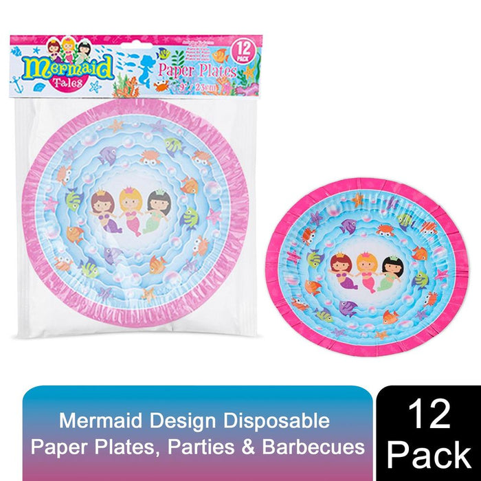 Premium Mermaid Design 9" 12 Disposable Paper Plates for Parties, Picnics & BBQs